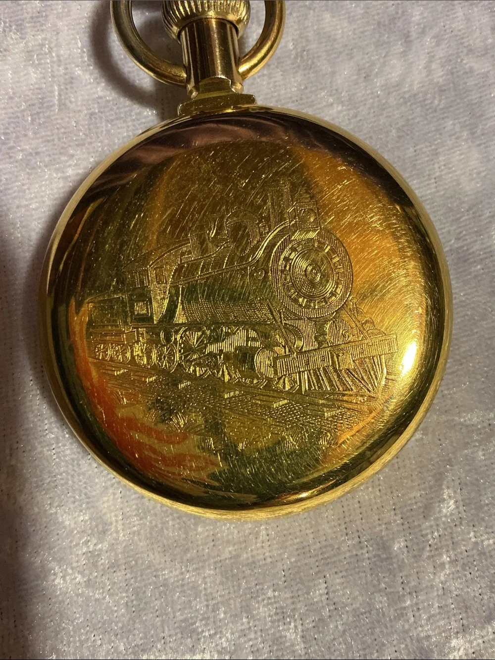 Goldtone Train Pocket Watch with Brown Leather Strap & Fob